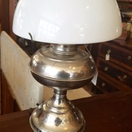 Silver tone Hurricane Lamp with White Shade